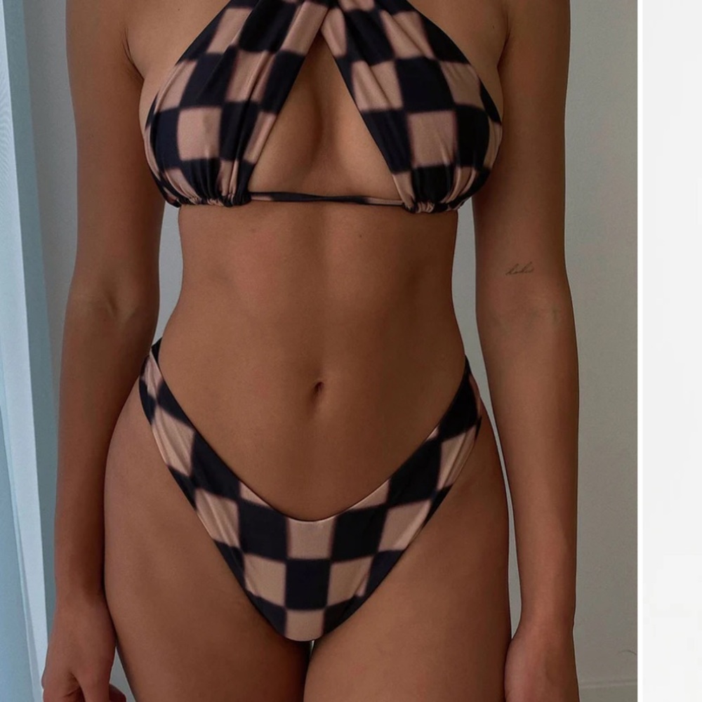 Frankie's Bikinis Black and Tan Checkered Swim Set